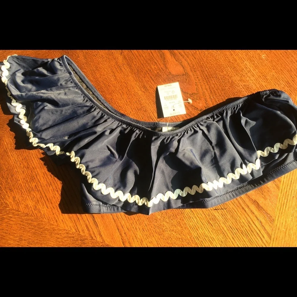 J Crew ruffle Rickrack‎ one-shoulder bikini top Navy Blue and White AK510